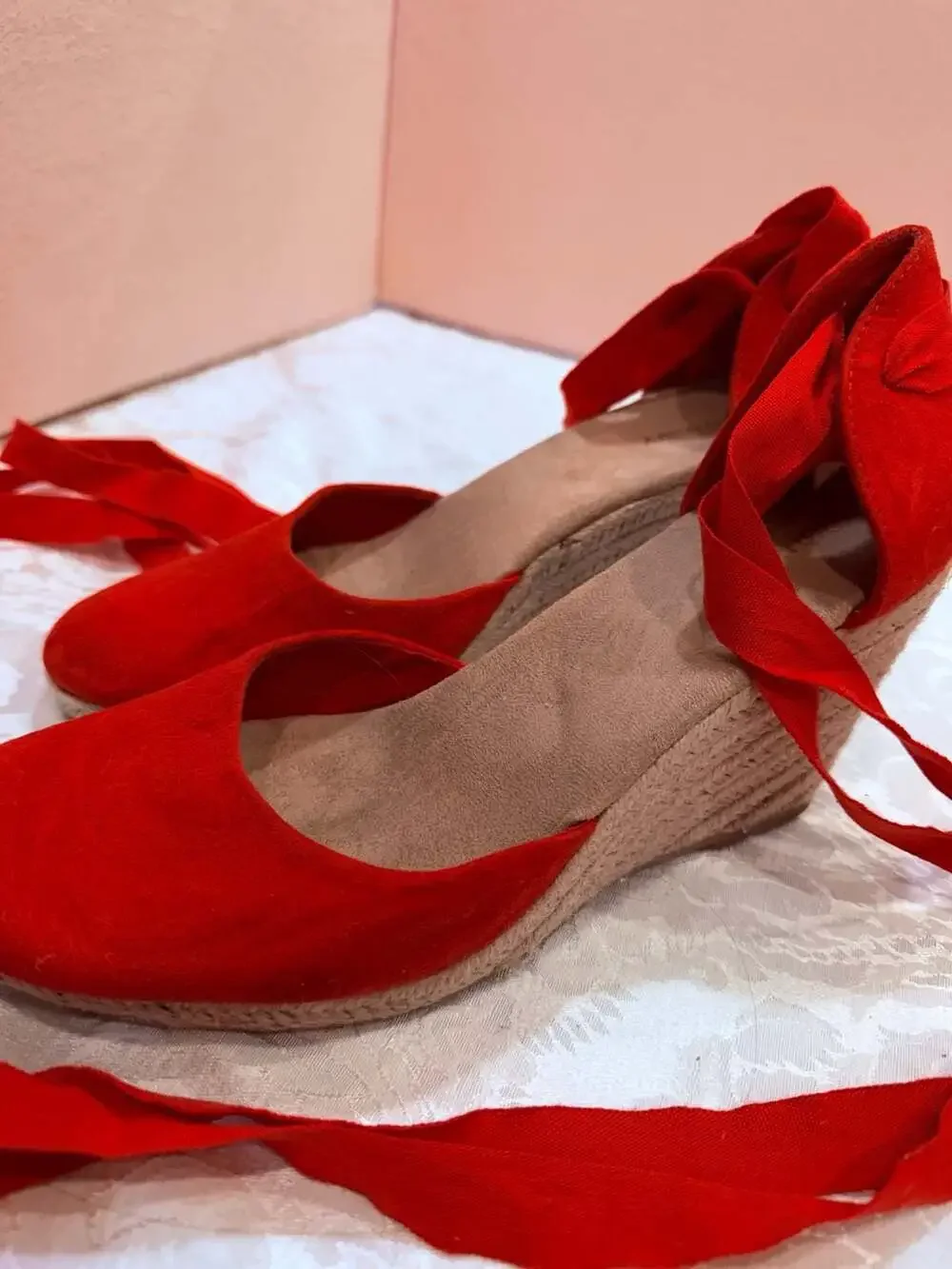 Old Navy Red Lace Up Espadrille Wedge Sandals